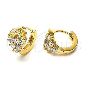 Argolla Huggie 97.017 Oro Laminado, Diseño de Uva y Oja, con Blanca Zirconia Cubica, Diamantado, Tono Dorado