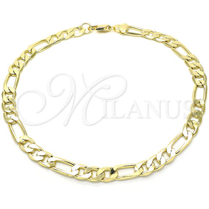 Tobillera Básica 5.222.011.12 Oro Laminado, Diseño de Figaro, Pulido, Tono Dorado (200 Gauge, 08 MM Thickness, 12 Inches Length)