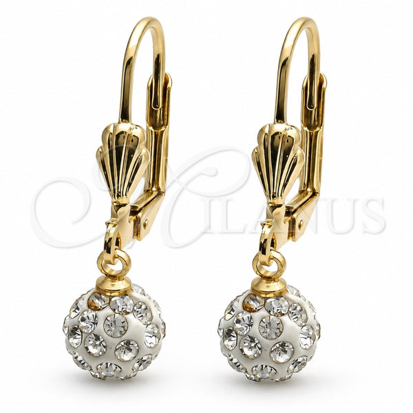 Arete Colgante 5.120.016 Oro Laminado, Diseño de Bola, con Blanca Cristal, Esmaltado Blanco, Tono Dorado