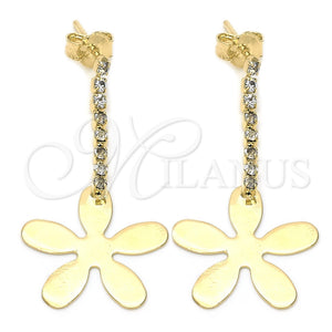 Arete Largo 95.002 Oro Laminado, Diseño de Flor, con Blanca Zirconia Cubica, Pulido, Tono Dorado