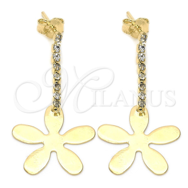 Arete Largo 95.002 Oro Laminado, Diseño de Flor, con Blanca Zirconia Cubica, Pulido, Tono Dorado