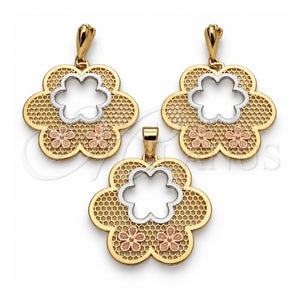 Juego de Arete y Dije de Adulto 5.041.002 Oro Laminado, Diseño de Flor, Pulido, Tres Tonos