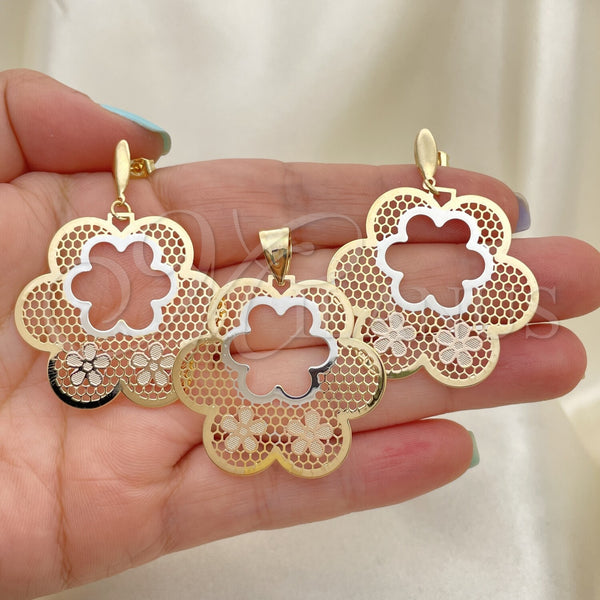 Juego de Arete y Dije de Adulto 5.041.002 Oro Laminado, Diseño de Flor, Pulido, Tres Tonos