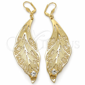 Arete Colgante 77.001 Oro Laminado, Diseño de Oja, con Blanca Cristal, Pulido, Tono Dorado