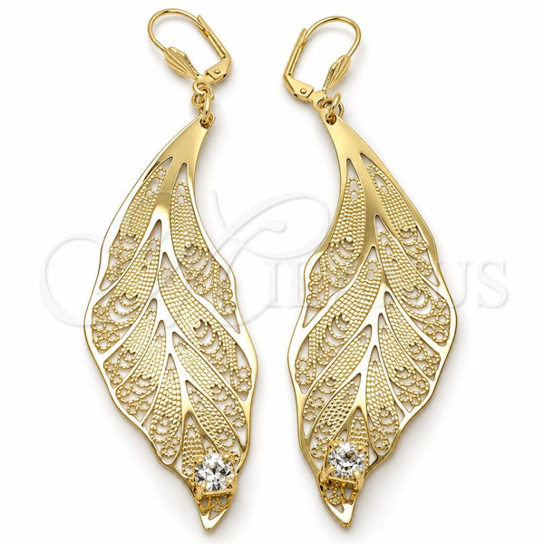 Arete Colgante 77.001 Oro Laminado, Diseño de Oja, con Blanca Cristal, Pulido, Tono Dorado