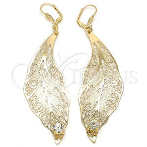 Arete Colgante 77.001 Oro Laminado, Diseño de Oja, con Blanca Cristal, Pulido, Tono Dorado