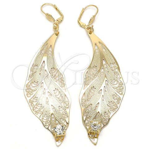 Arete Colgante 77.001 Oro Laminado, Diseño de Oja, con Blanca Cristal, Pulido, Tono Dorado