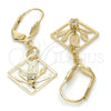 Arete Colgante 81.009 Oro Laminado, Diseño de Oja, con Blanca Cristal, Diamantado, Tono Dorado