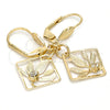 Arete Colgante 81.009 Oro Laminado, Diseño de Oja, con Blanca Cristal, Diamantado, Tono Dorado