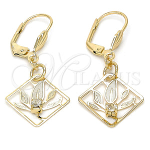 Arete Colgante 81.009 Oro Laminado, Diseño de Oja, con Blanca Cristal, Diamantado, Tono Dorado