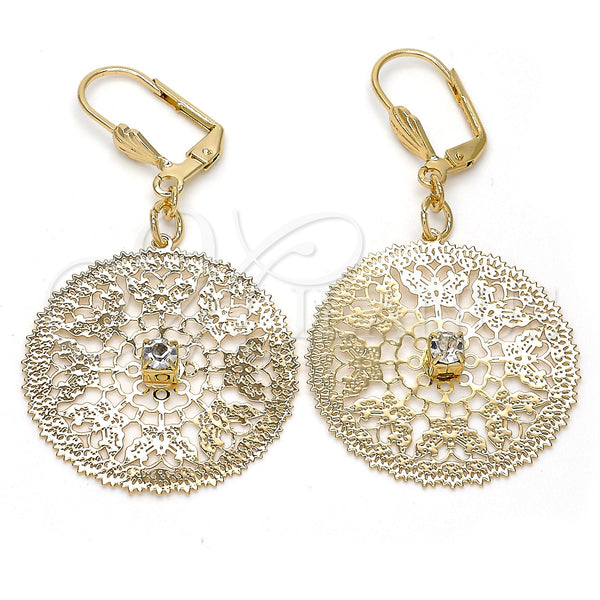 Arete Colgante 73.009 Oro Laminado, Diseño de File y Mariposa, con Blanca Cristal, Pulido, Tono Dorado