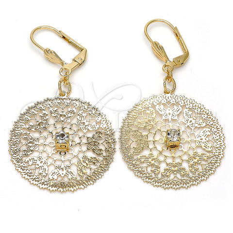 Arete Colgante 73.009 Oro Laminado, Diseño de File y Mariposa, con Blanca Cristal, Pulido, Tono Dorado