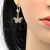 Arete Colgante 69.011 Oro Laminado, Diseño de Mariposa, con Blanca Zirconia Cubica, Diamantado, Tono Dorado