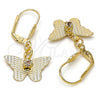 Arete Colgante 69.011 Oro Laminado, Diseño de Mariposa, con Blanca Zirconia Cubica, Diamantado, Tono Dorado