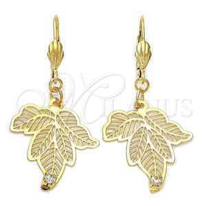 Arete Colgante 73.008 Oro Laminado, Diseño de Oja, con Blanca Zirconia Cubica, Diamantado, Tono Dorado