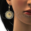 Arete Colgante 90.006 Oro Laminado, Diseño de File y Flor, con Blanca Cristal, Diamantado, Tono Dorado