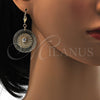Arete Colgante 90.006 Oro Laminado, Diseño de File y Flor, con Blanca Cristal, Diamantado, Tono Dorado