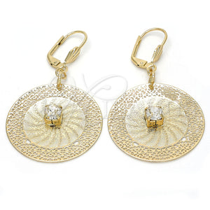 Arete Colgante 90.006 Oro Laminado, Diseño de File y Flor, con Blanca Cristal, Diamantado, Tono Dorado