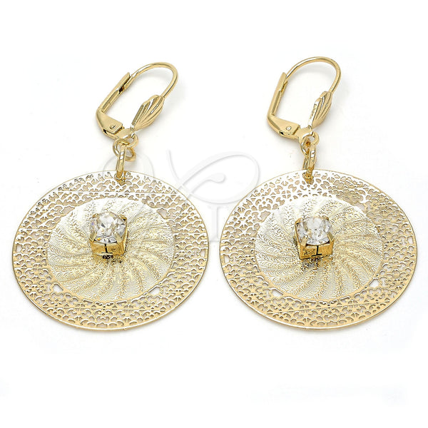 Arete Colgante 90.006 Oro Laminado, Diseño de File y Flor, con Blanca Cristal, Diamantado, Tono Dorado