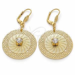 Arete Colgante 90.006 Oro Laminado, Diseño de File y Flor, con Blanca Cristal, Diamantado, Tono Dorado