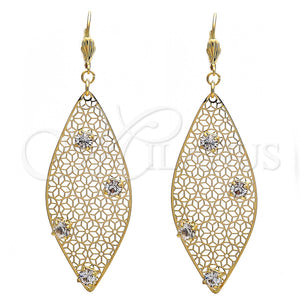 Arete Colgante 64.008 Oro Laminado, Diseño de Oja y Flor, con Blanca Cristal, Pulido, Tono Dorado