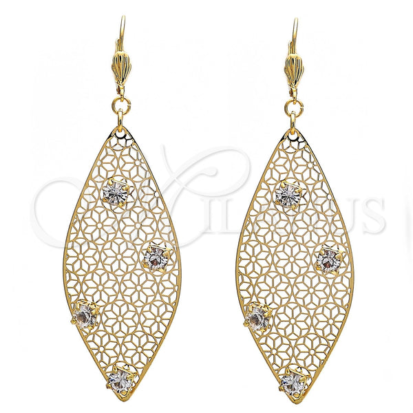 Arete Colgante 64.008 Oro Laminado, Diseño de Oja y Flor, con Blanca Cristal, Pulido, Tono Dorado