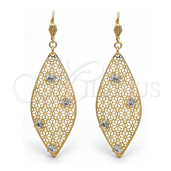 Arete Colgante 64.008 Oro Laminado, Diseño de Oja y Flor, con Blanca Cristal, Pulido, Tono Dorado