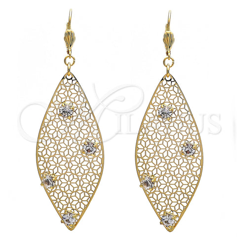 Arete Colgante 64.008 Oro Laminado, Diseño de Oja y Flor, con Blanca Cristal, Pulido, Tono Dorado