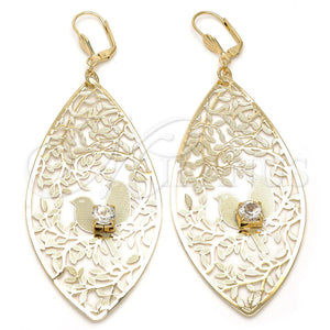 Arete Colgante 61.003 Oro Laminado, Diseño de Oja y Pajaro, con Blanca Cristal, Diamantado, Tono Dorado