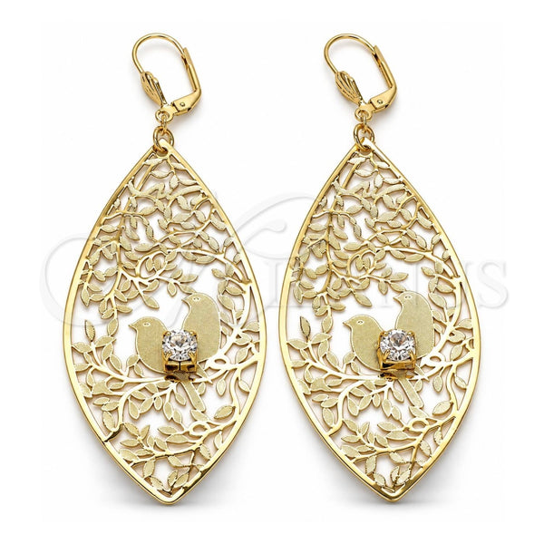 Arete Colgante 61.003 Oro Laminado, Diseño de Oja y Pajaro, con Blanca Cristal, Diamantado, Tono Dorado