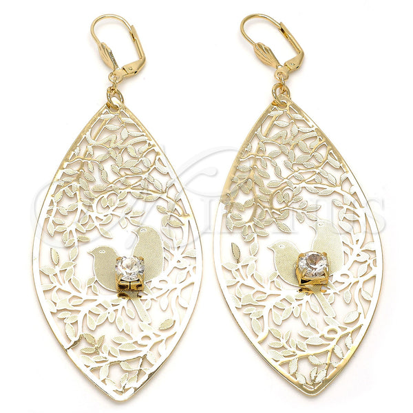 Arete Colgante 61.003 Oro Laminado, Diseño de Oja y Pajaro, con Blanca Cristal, Diamantado, Tono Dorado