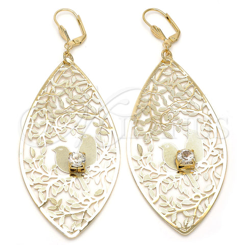 Arete Colgante 61.003 Oro Laminado, Diseño de Oja y Pajaro, con Blanca Cristal, Diamantado, Tono Dorado