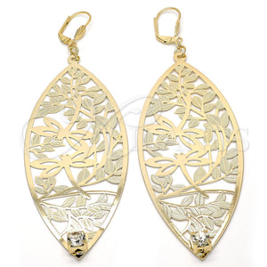 Arete Colgante 68.003 Oro Laminado, Diseño de Oja y Libélula, con Blanca Cristal, Diamantado, Tono Dorado