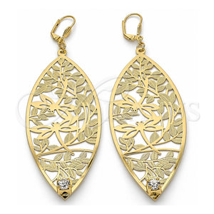 Arete Colgante 68.003 Oro Laminado, Diseño de Oja y Libélula, con Blanca Cristal, Diamantado, Tono Dorado