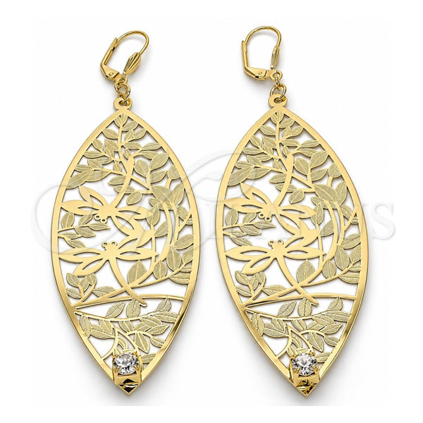 Arete Colgante 68.003 Oro Laminado, Diseño de Oja y Libélula, con Blanca Cristal, Diamantado, Tono Dorado