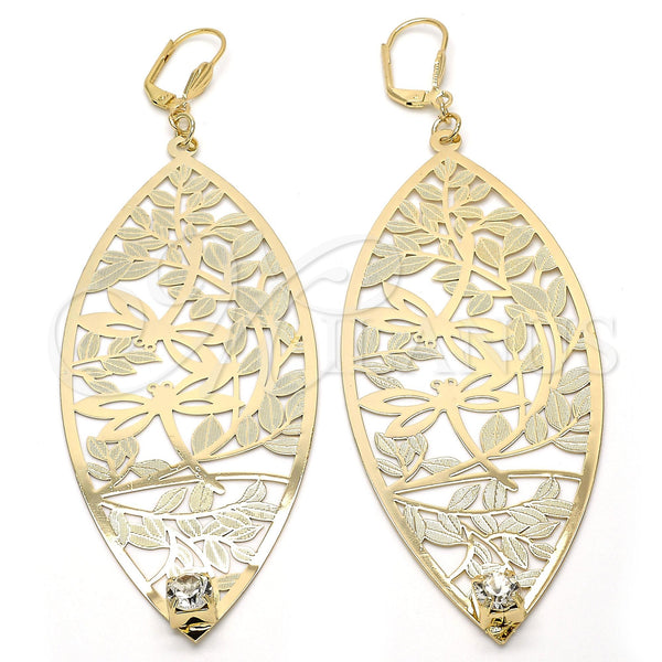 Arete Colgante 68.003 Oro Laminado, Diseño de Oja y Libélula, con Blanca Cristal, Diamantado, Tono Dorado
