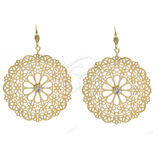 Arete Colgante 73.003 Oro Laminado, Diseño de Flor y File, con Blanca Zirconia Cubica, Pulido, Tono Dorado