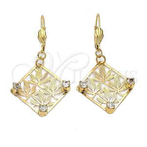 Arete Colgante 89.009 Oro Laminado, Diseño de Oja, con Blanca Zirconia Cubica, Diamantado, Tono Dorado