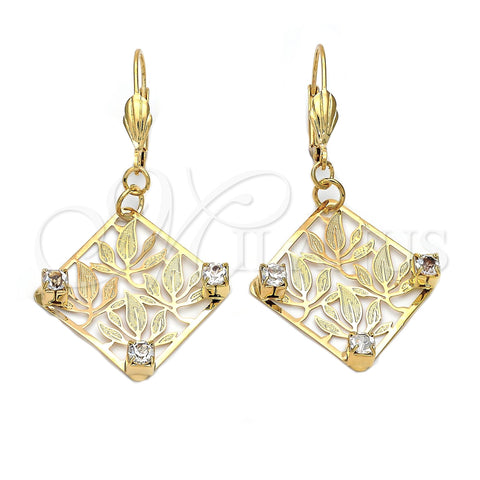 Arete Colgante 89.009 Oro Laminado, Diseño de Oja, con Blanca Zirconia Cubica, Diamantado, Tono Dorado