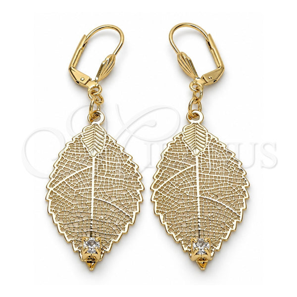 Arete Colgante 68.004 Oro Laminado, Diseño de Oja y File, con Blanca Cristal, Diamantado, Tono Dorado