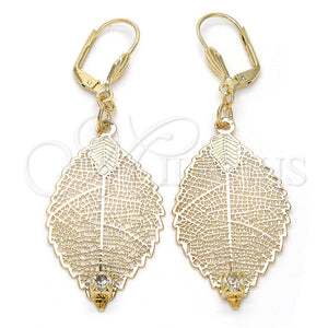 Arete Colgante 68.004 Oro Laminado, Diseño de Oja y File, con Blanca Cristal, Diamantado, Tono Dorado