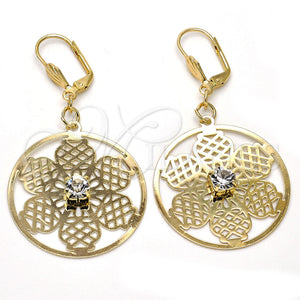 Arete Colgante 69.004 Oro Laminado, Diseño de Flor, con Blanca Cristal, Pulido, Tono Dorado