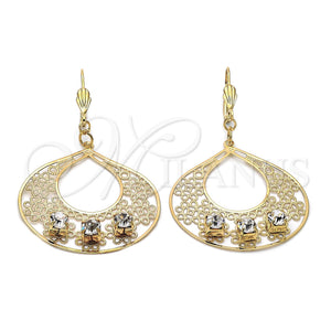 Arete Colgante 89.001 Oro Laminado, Diseño de Flor, con Blanca Zirconia Cubica, Diamantado, Tono Dorado