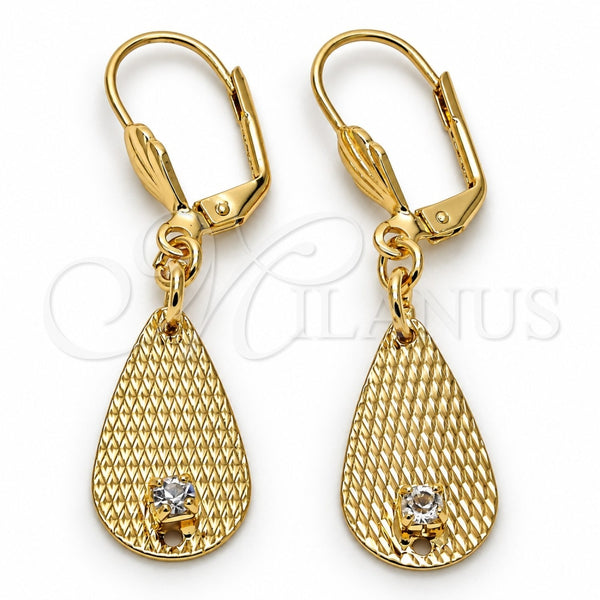 Arete Colgante 73.012 Oro Laminado, Diseño de Gota, con Blanca Cristal, Diamantado, Tono Dorado