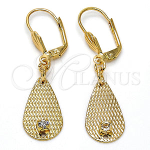 Arete Colgante 73.012 Oro Laminado, Diseño de Gota, con Blanca Cristal, Diamantado, Tono Dorado