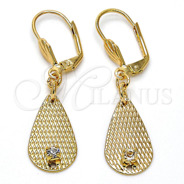 Arete Colgante 73.012 Oro Laminado, Diseño de Gota, con Blanca Cristal, Diamantado, Tono Dorado