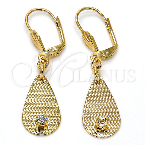 Arete Colgante 73.012 Oro Laminado, Diseño de Gota, con Blanca Cristal, Diamantado, Tono Dorado
