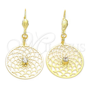 Arete Colgante 73.001 Oro Laminado, Diseño de File y Flor, con Blanca Zirconia Cubica, Pulido, Tono Dorado