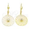 Arete Colgante 73.001 Oro Laminado, Diseño de File y Flor, con Blanca Zirconia Cubica, Pulido, Tono Dorado