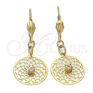 Arete Colgante 73.013 Oro Laminado, Diseño de Flor y File, con Blanca Zirconia Cubica, Pulido, Tono Dorado
